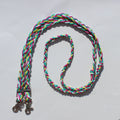 Hand braided nylon barrel reins with a multicolor pattern of pink, green, yellow, and white, featuring silver metal snap hooks at the end.