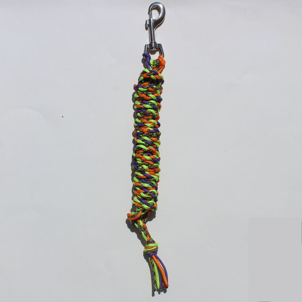A multicolor braided paracord horse lead rope with a silver metal clasp at the top and a tassel at the bottom.