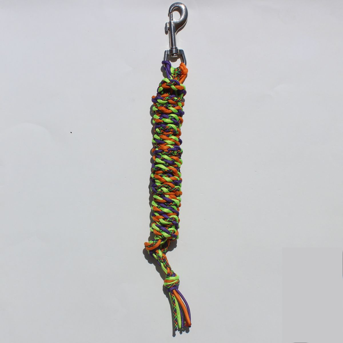 A multicolor braided paracord horse lead rope with a silver metal clasp at the top and a tassel at the bottom.