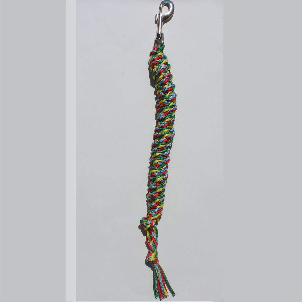A long, tightly braided horse lead rope  with a silver metal clip at the top