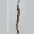 A long, tightly braided horse lead rope  with a silver metal clip at the top
