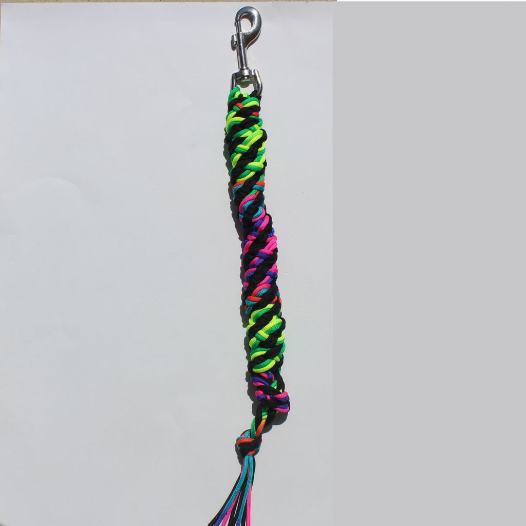 A braided nylon horse lead rope with a silver metal lobster clasp at the top and tassel ends, featuring a vibrant neon multicolor pattern of green, pink, blue