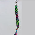 A braided nylon horse lead rope with a silver metal lobster clasp at the top and tassel ends, featuring a vibrant neon multicolor pattern of green, pink, blue