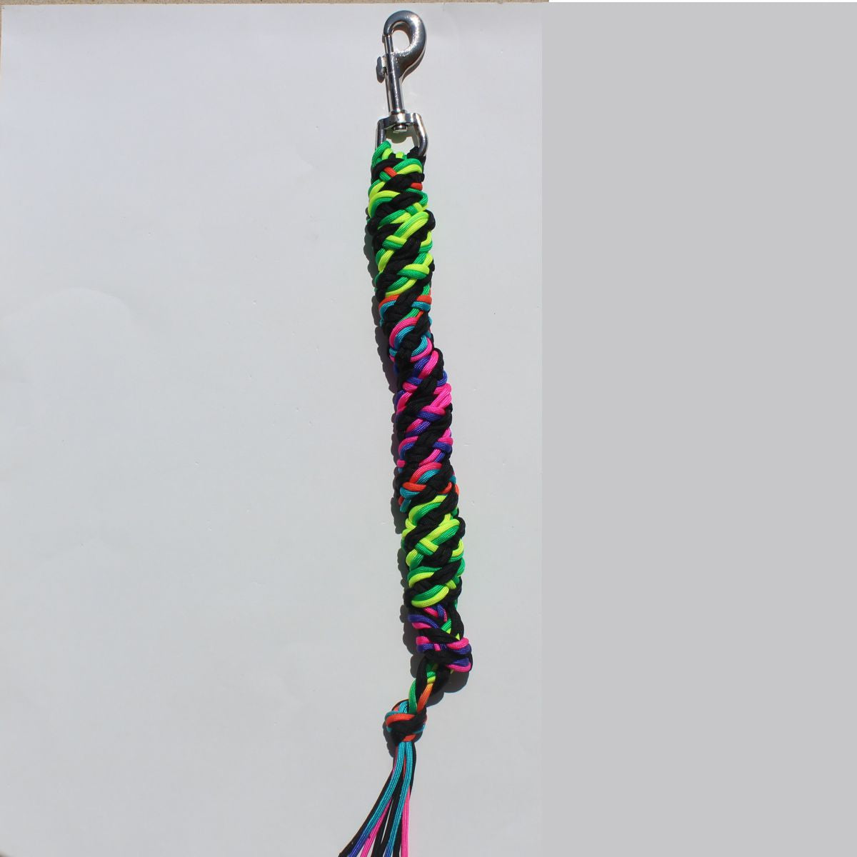 A braided nylon horse lead rope with a silver metal lobster clasp at the top and tassel ends, featuring a vibrant neon multicolor pattern of green, pink, blue