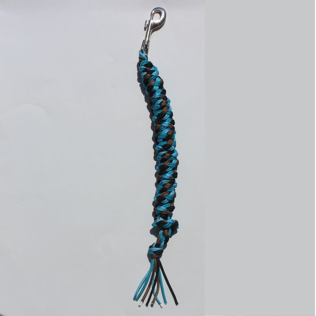 A braided horse lead rope with a silver metal snap hook at the top.