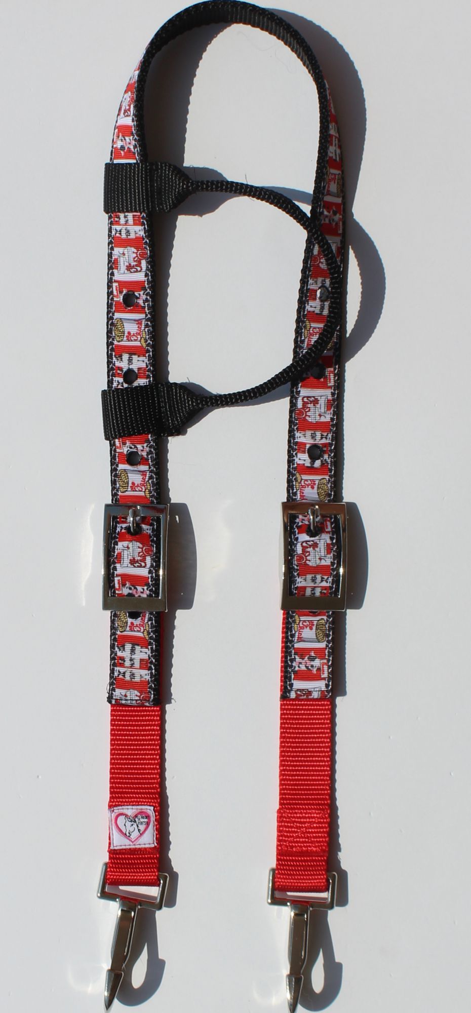 Horse Headstall featuring a red and white chicken nugget patterned webbing with  buckles and metal clips for barrel racing