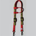 A red horse headstall with grump webbing and metal hardware.