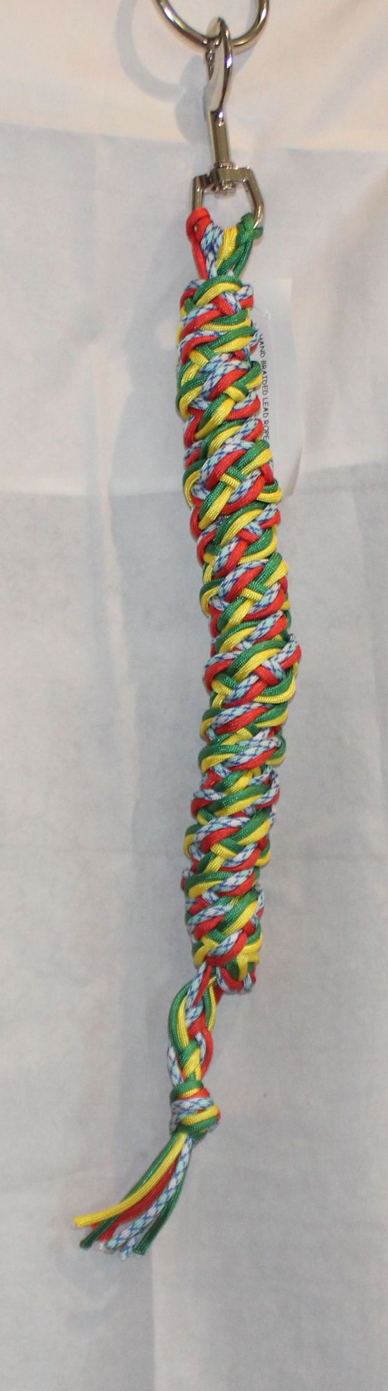 Colorful braided dog leash with a metal clip on a white background