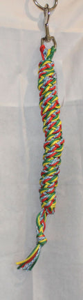 Colorful braided dog leash with a metal clip on a white background