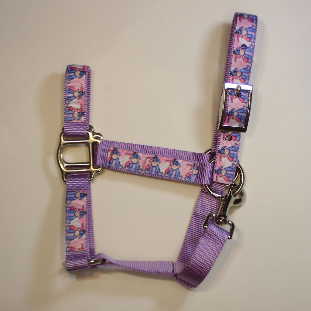 A purple horse halter with a pink and blue patterned webbing and silver metal hardware