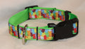 A colorful dog collar with a vibrant gummy bear webbing strap, a solid lime green inner lining, and a black plastic quick-release buckle. It features a silver metal D-ring attachment.
