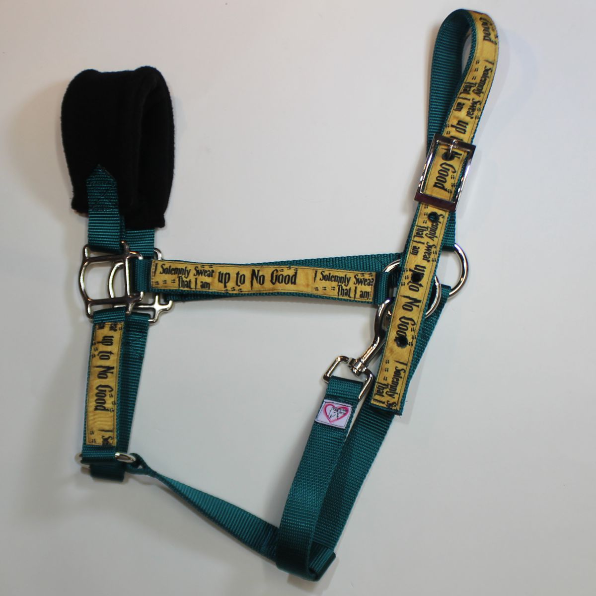 A horse halter made of teal webbing with yellow webbed panels printed with black text reading ' up to No Good'.