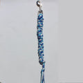 A blue and white braided lead rope with a silver metal snap hook at the top, 