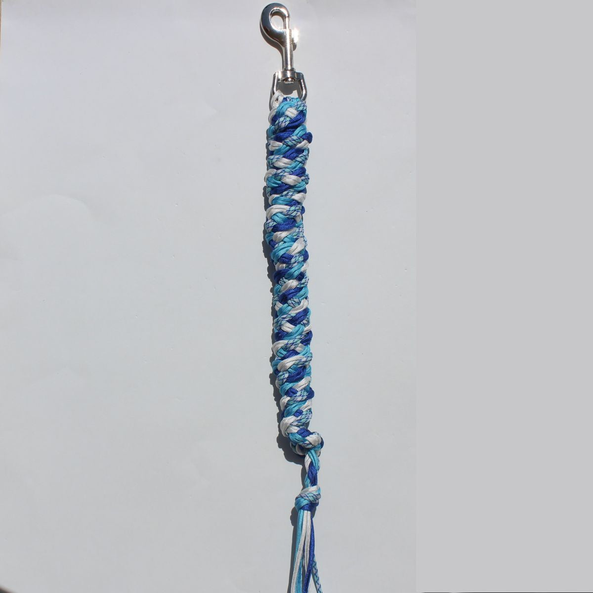 A blue and white braided lead rope with a silver metal snap hook at the top, 