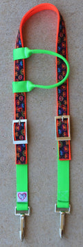 A neon green and orange headstall with a neon pumpkin strap, silver-tone buckles, and silver-tone metal clips