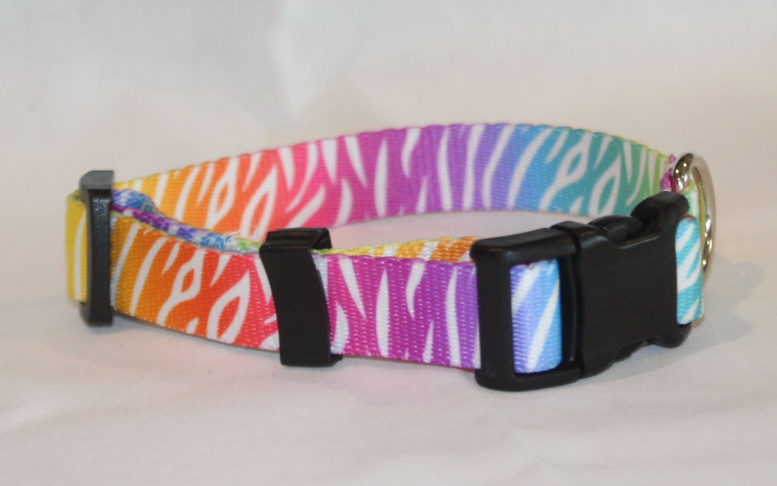 A colorful dog collar with a vibrant rainbow zebra print pattern and black plastic buckle, displayed on a light neutral background.