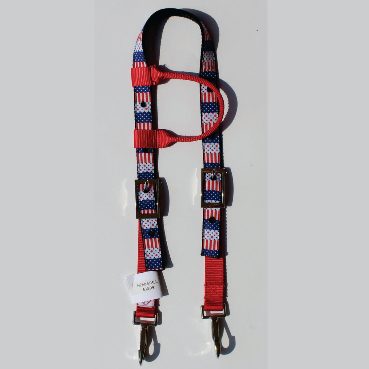 Red, white, and blue patriotic horse one ear headstall with metal hardware