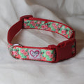 A red and green patterned dog collar with a red plastic buckle. The collar features a red and green candy cane pattern, a silver metal D-ring.l 