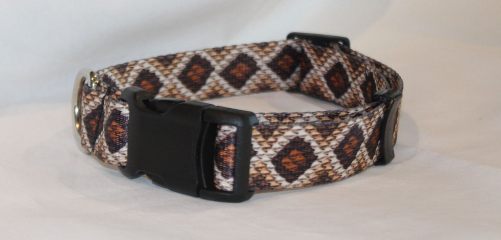 A nylon dog collar with a brown, black, and beige geometric diamond pattern, featuring a black plastic quick-release buckle.