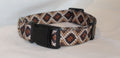 A nylon dog collar with a brown, black, and beige geometric diamond pattern, featuring a black plastic quick-release buckle.