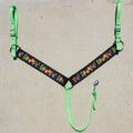 Horse halter with green straps and 'Happy Halloween' design on a beige background