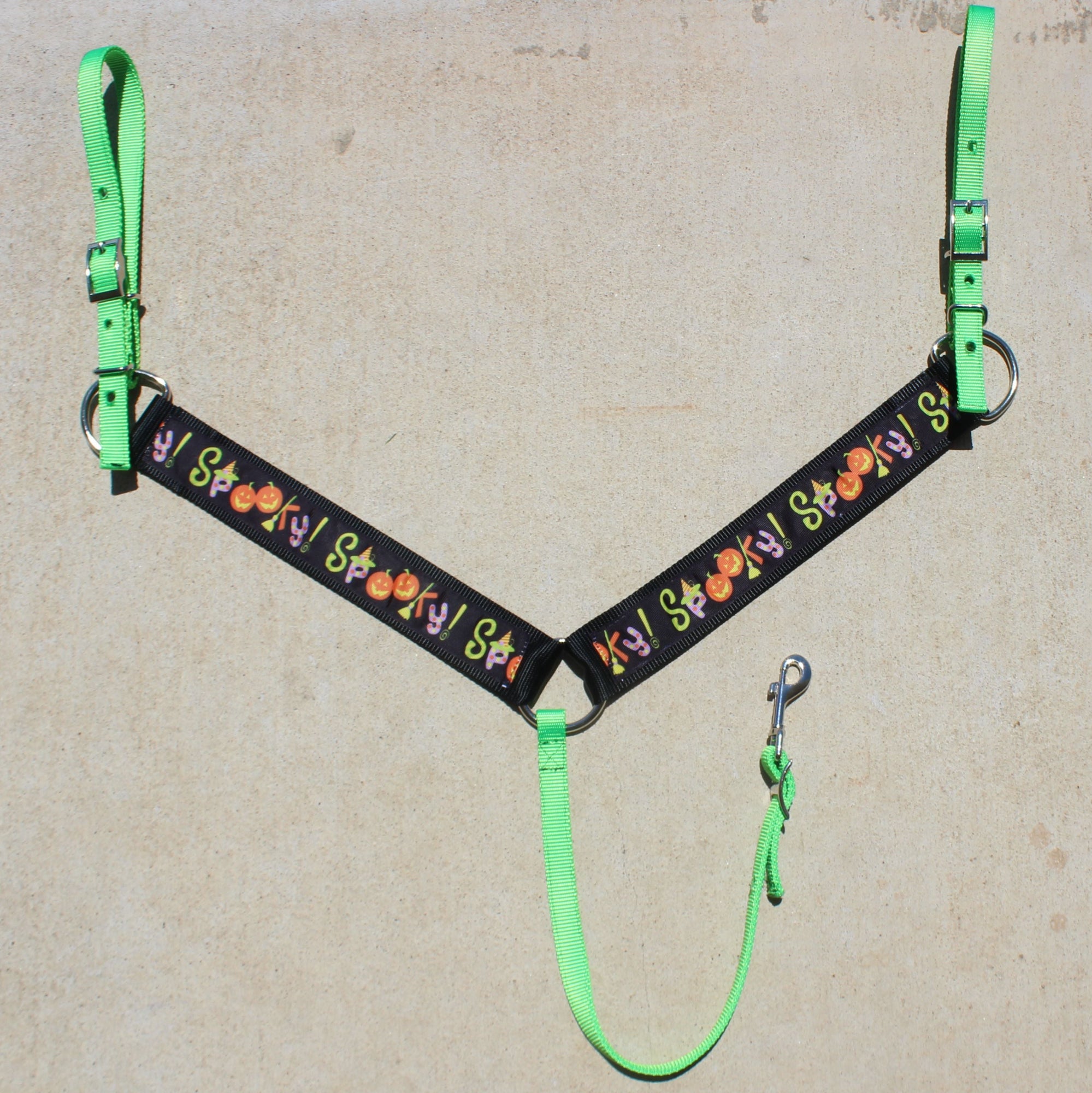 Horse halter with green straps and 'Happy Halloween' design on a beige background