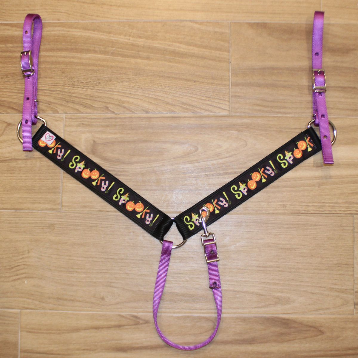 A Halloween-themed horse breastcollar. The collar features a black central strap printed with 'Spooky' in colorful letters and orange pumpkins, connected to purple webbing straps and silver metal hardware.