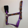 A purple horse halter with a black nose band and silver metal hardware, decorated with a 'Spooky " Halloween pattern featuring pumpkins, ghosts, and the word 'Spooky' on the webbing straps.