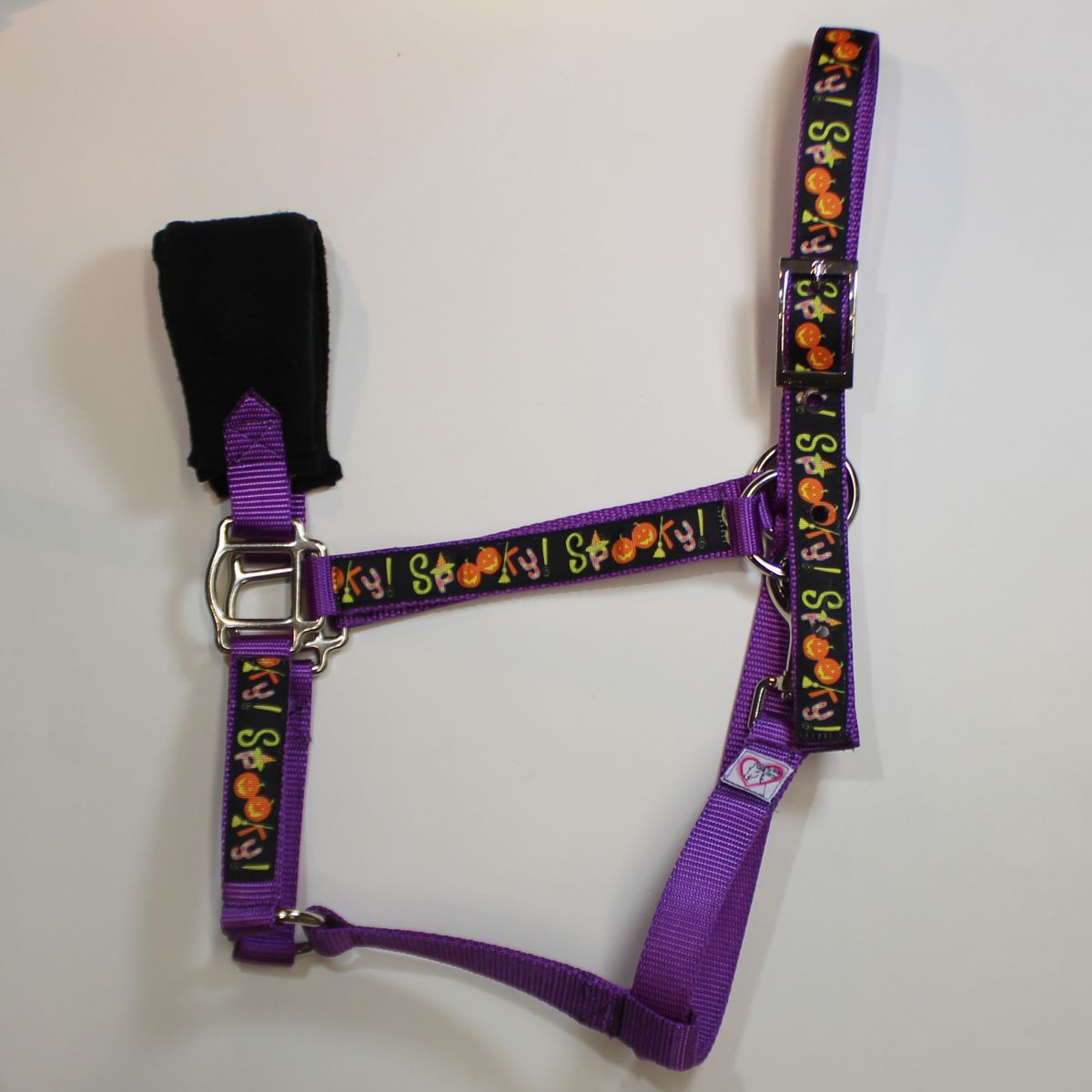 A purple horse halter with a black nose band and silver metal hardware, decorated with a 'Spooky " Halloween pattern featuring pumpkins, ghosts, and the word 'Spooky' on the webbing straps.