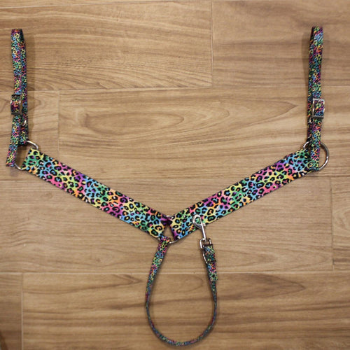 A colorful leopard-print horse breastcollar 