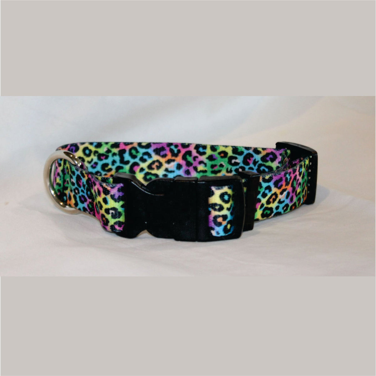 Tie Dye Rainbow Cheetah dog collar with black clips