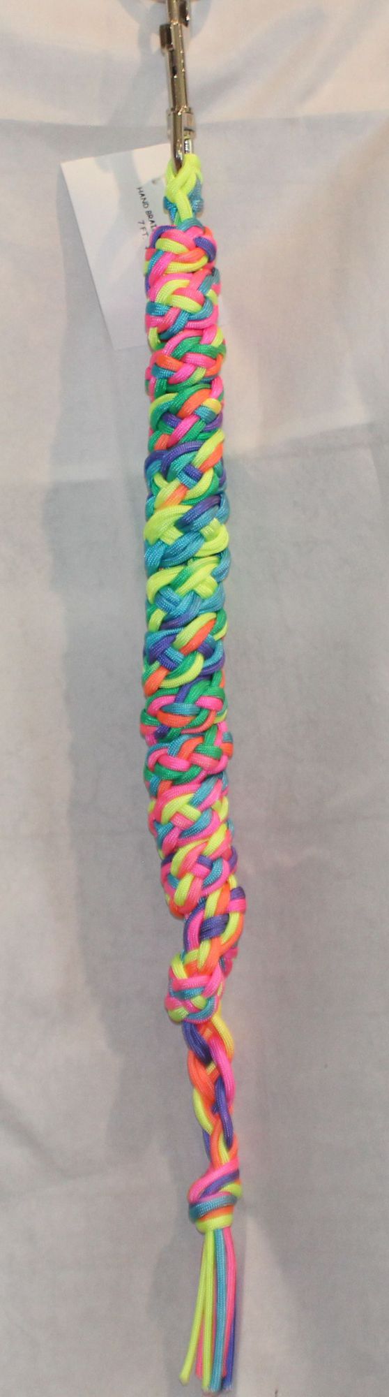 A colorful braided lead rope with neon pink, yellow, green, and blue strands, 