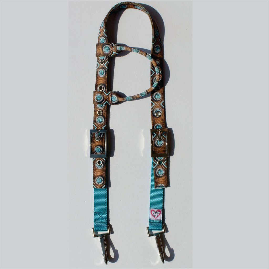 A western-style nylon headstall with turquoise and brown print