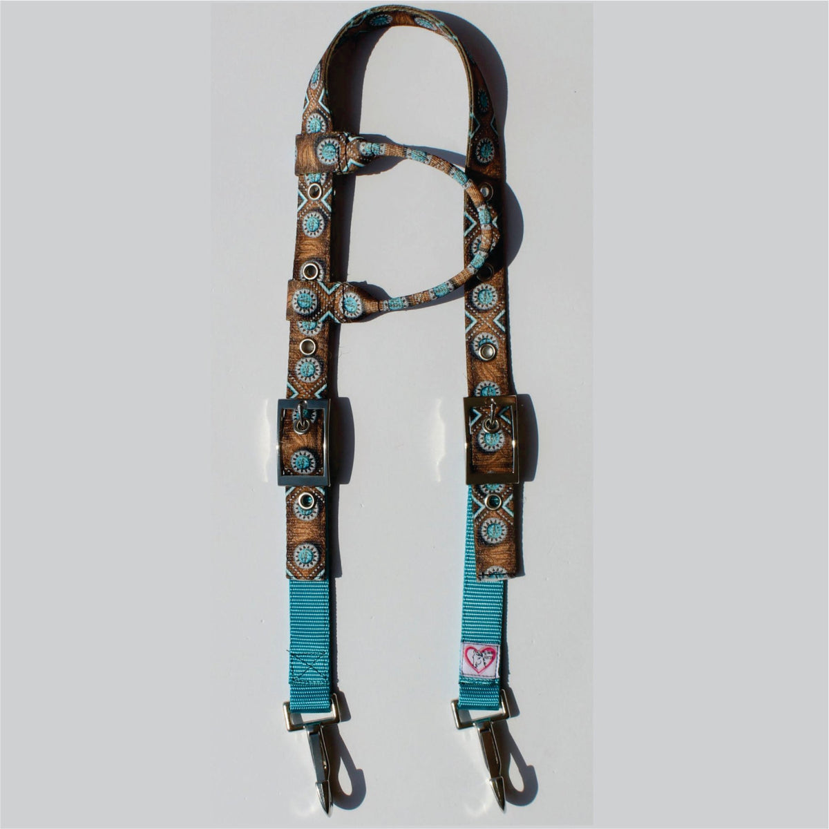 A western-style nylon headstall with turquoise and brown print